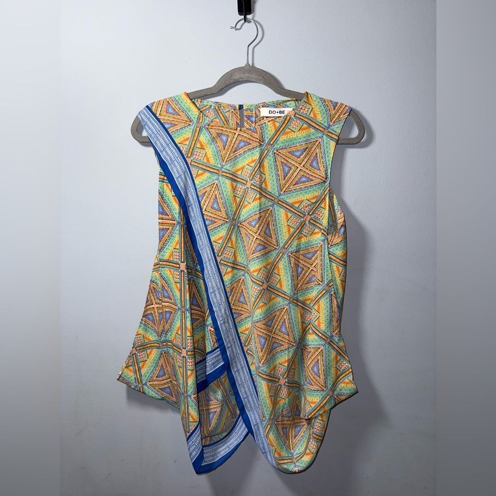 DO+BE Asymmetric Scarf-Trim BOHO Geometric Sleeveless Top Blue Border Size M EUC
